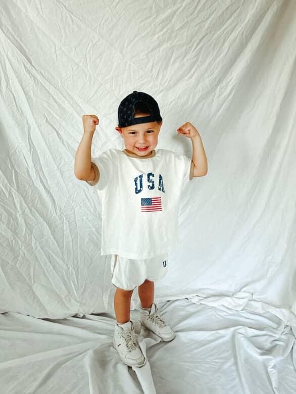 [At Noon Original Design] Kids Vintage Print USA Ringer T-Shirt and Shorts Set (8m - 7y) - 3 Colors kids outfit