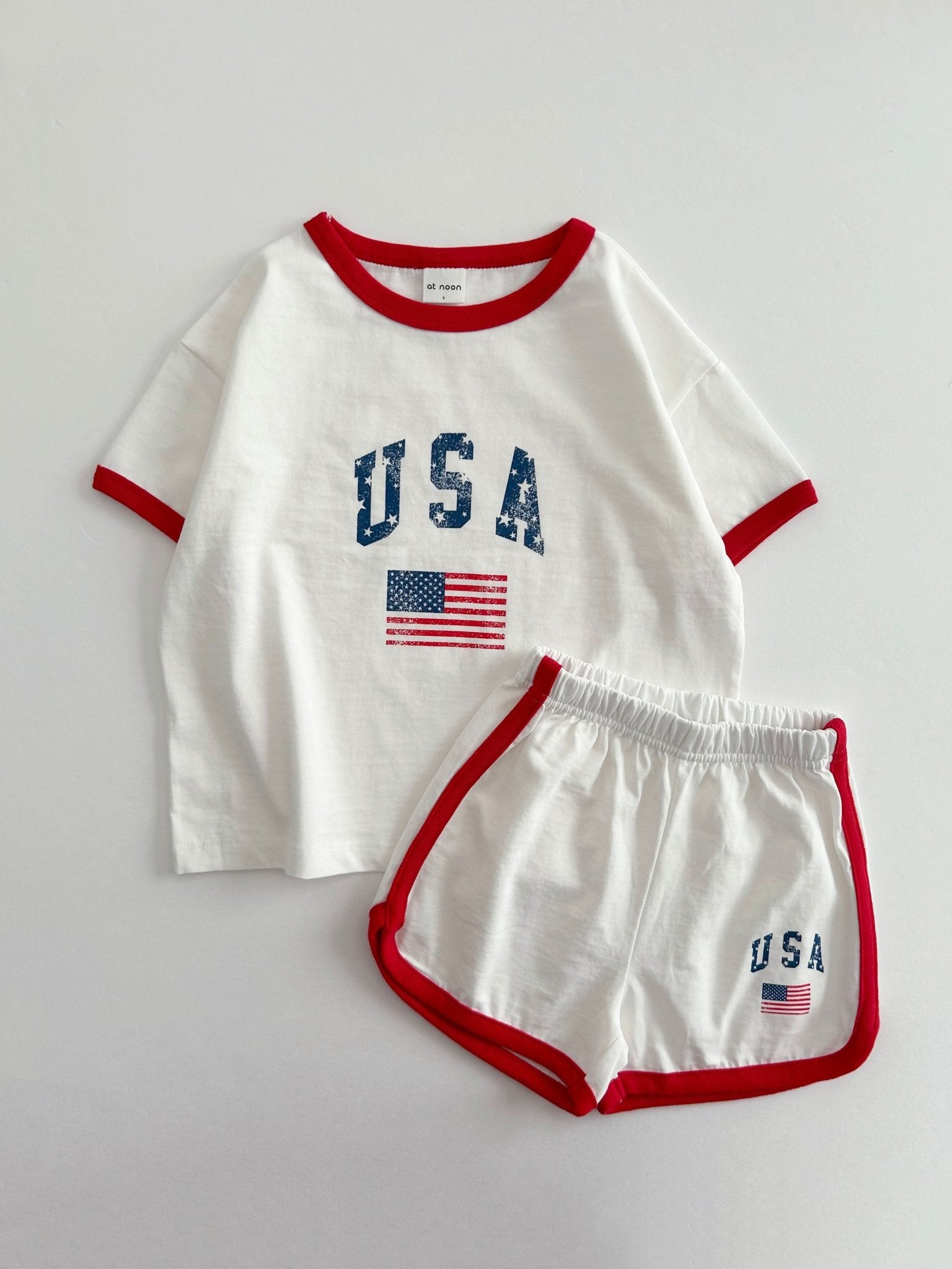 [At Noon Original Design] Kids Vintage Print USA Ringer T-Shirt and Shorts Set (8m - 7y) - 3 Colors kids outfit