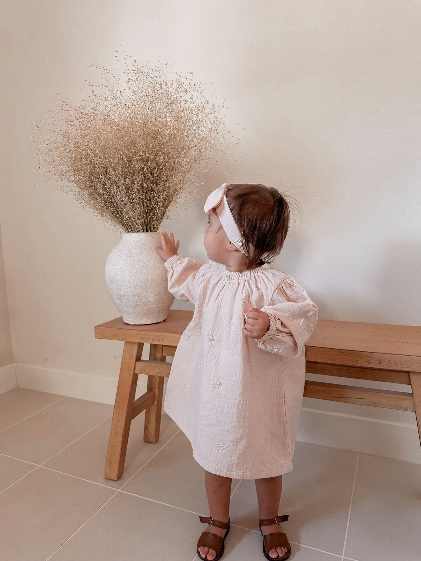 [At Noon Original Design] Toddler Bow Embroidery Gauze Cotton Dress (1 - 6y) - 2 Colors kids outfit