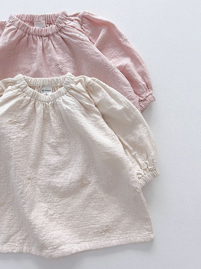 [At Noon Original Design] Toddler Bow Embroidery Gauze Cotton Dress (1 - 6y) - 2 Colors kids outfit