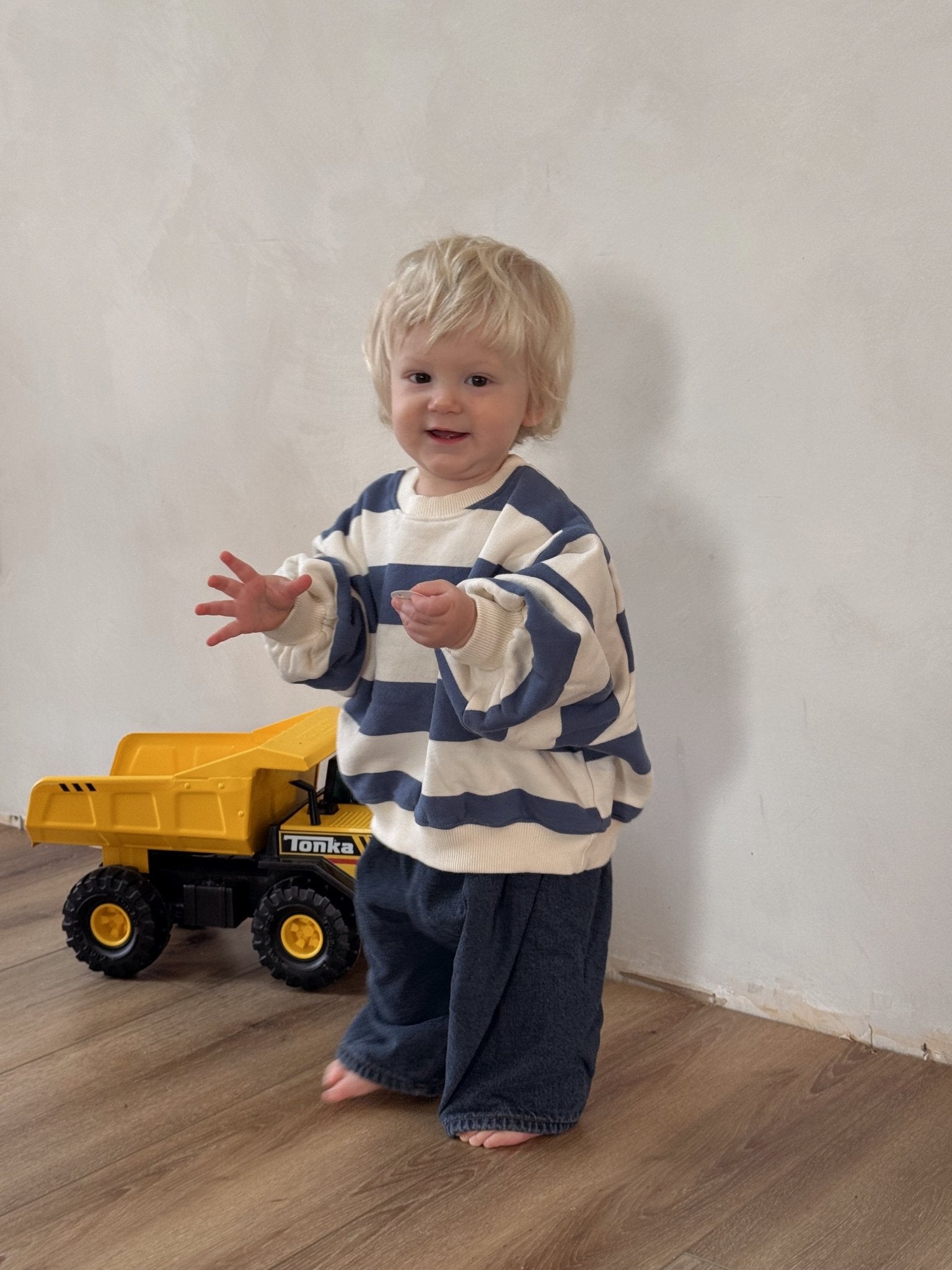 At Noon Toddler W25 Oversized Brushed Cotton Stripe Sweatshirt (1 - 6y) - Navy kids outfit