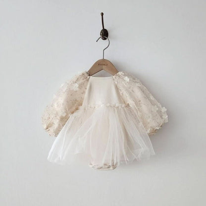 Baby 3D Flowers Puff Embroidery Long Sleeve Tutu Dress Romper (3 - 18m) - Honey kids outfit