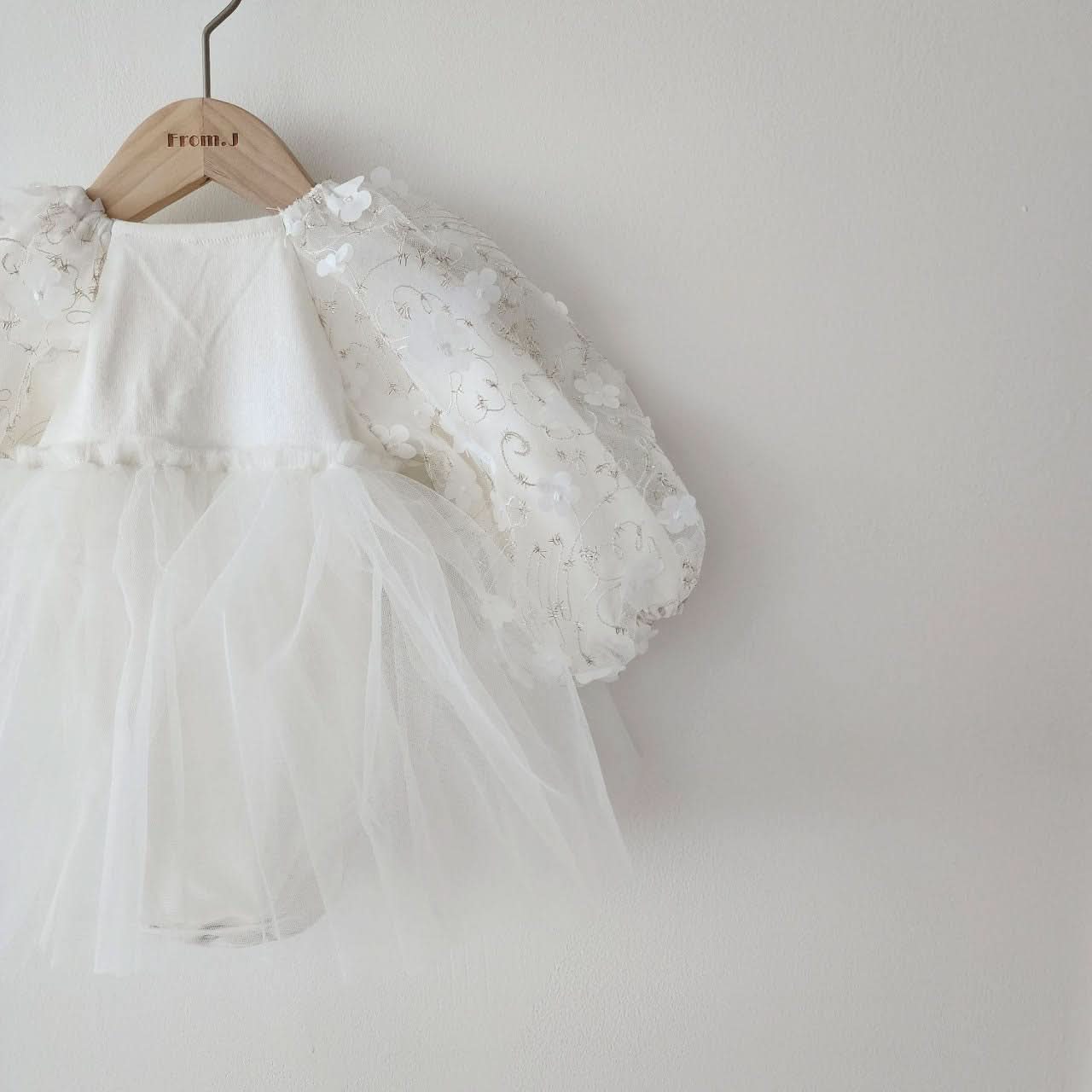 Baby 3D Flowers Puff Embroidery Long Sleeve Tutu Dress Romper (3 - 18m) - White kids outfit