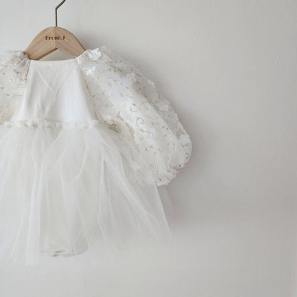 Baby 3D Flowers Puff Embroidery Long Sleeve Tutu Dress Romper (3 - 18m) - White kids outfit