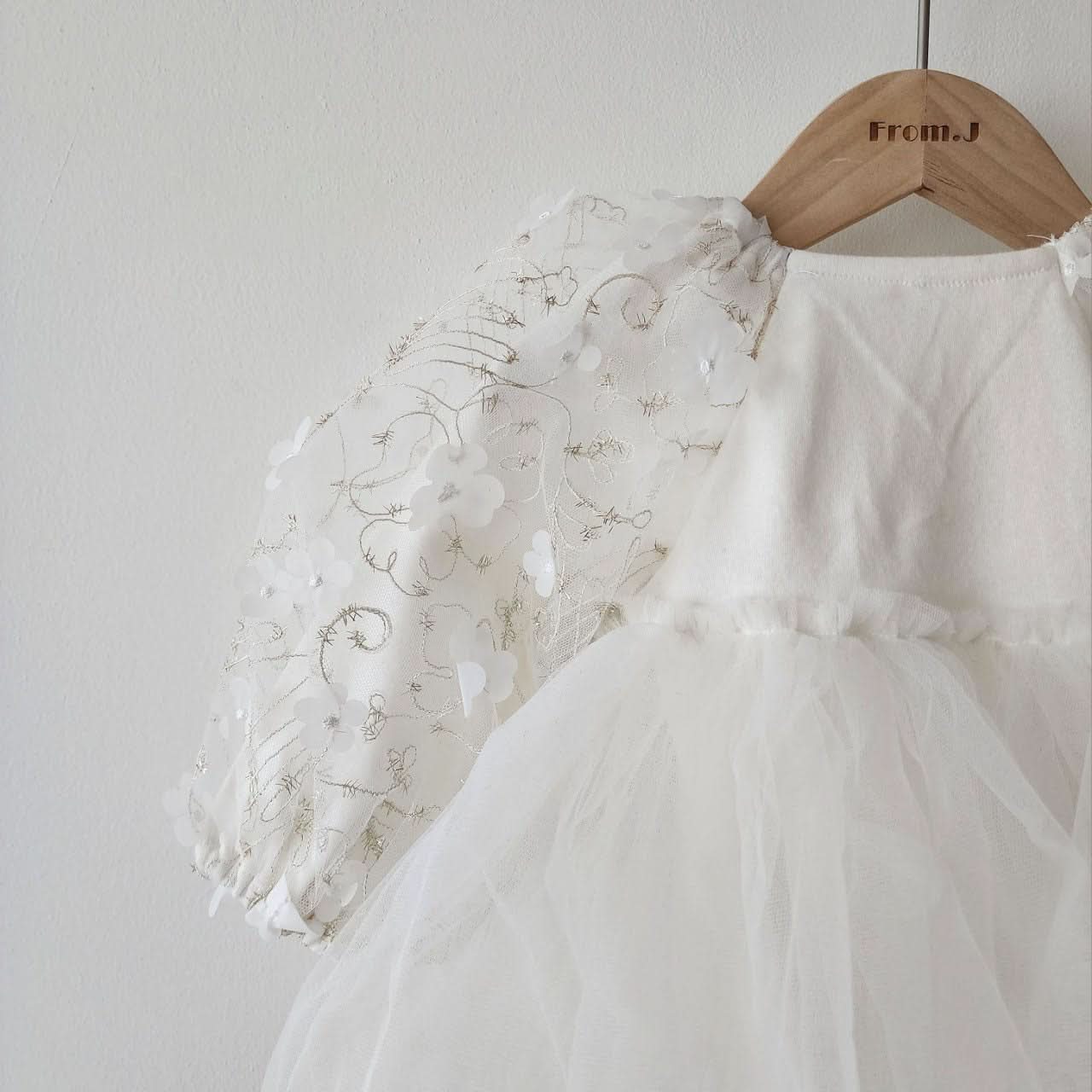 Baby 3D Flowers Puff Embroidery Long Sleeve Tutu Dress Romper (3 - 18m) - White kids outfit