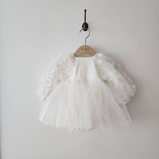 Baby 3D Flowers Puff Embroidery Long Sleeve Tutu Dress Romper (3 - 18m) - White kids outfit