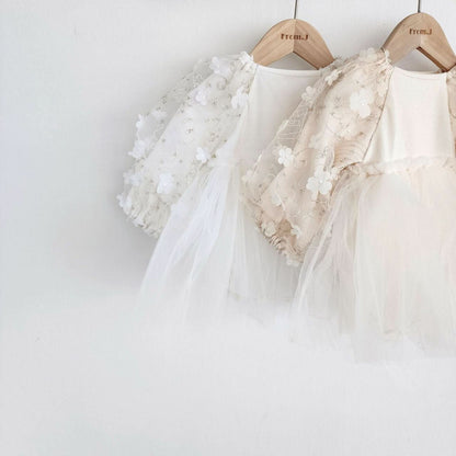 Baby 3D Flowers Puff Embroidery Long Sleeve Tutu Dress Romper (3 - 18m) - White kids outfit