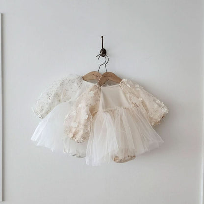 Baby 3D Flowers Puff Embroidery Long Sleeve Tutu Dress Romper (3 - 18m) - White kids outfit
