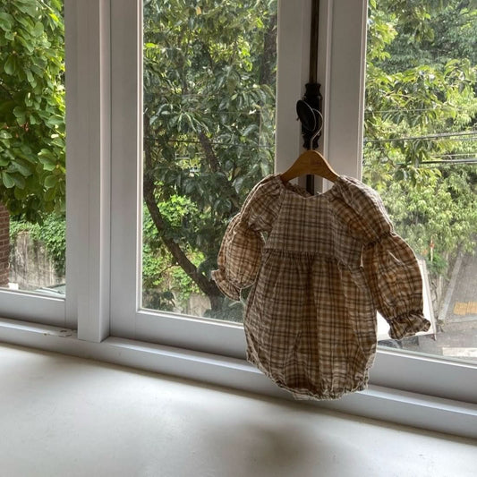 Baby Ann F24 Plaid Bow Back Puff Sleeve Bubble Romper (6 - 18m) - Beige Plaid kids outfit