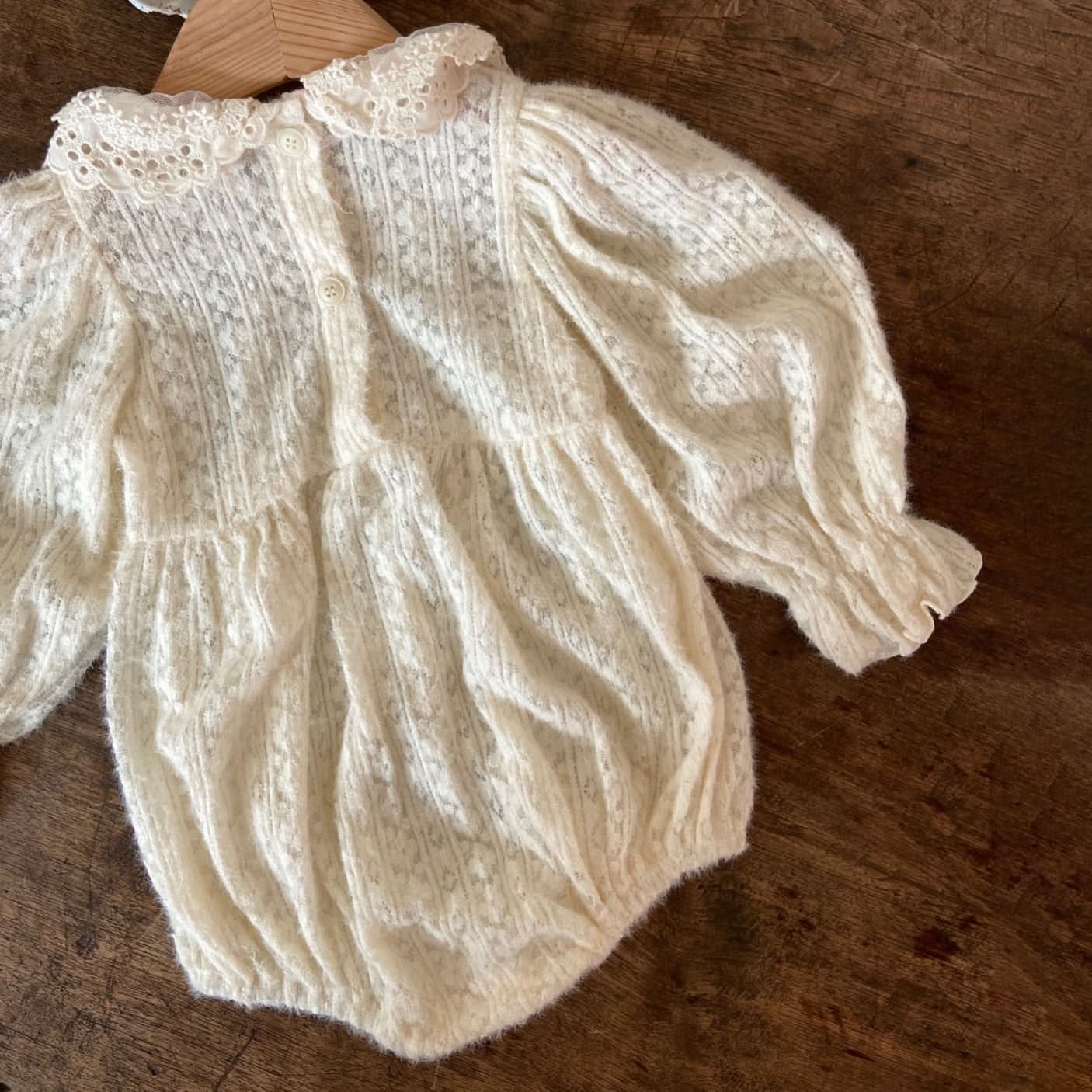 Baby Ann Lace Collar Puff Long Sleeve Pluffy Romper (6 - 18m) - Cream kids outfit