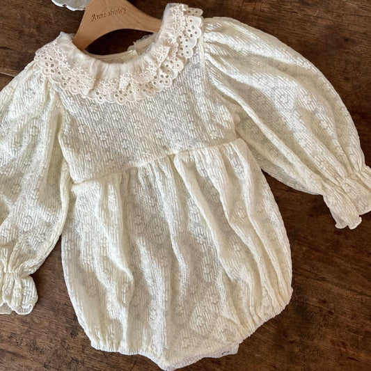 Baby Ann Lace Collar Puff Long Sleeve Romper (6 - 18m) - Cream kids outfit