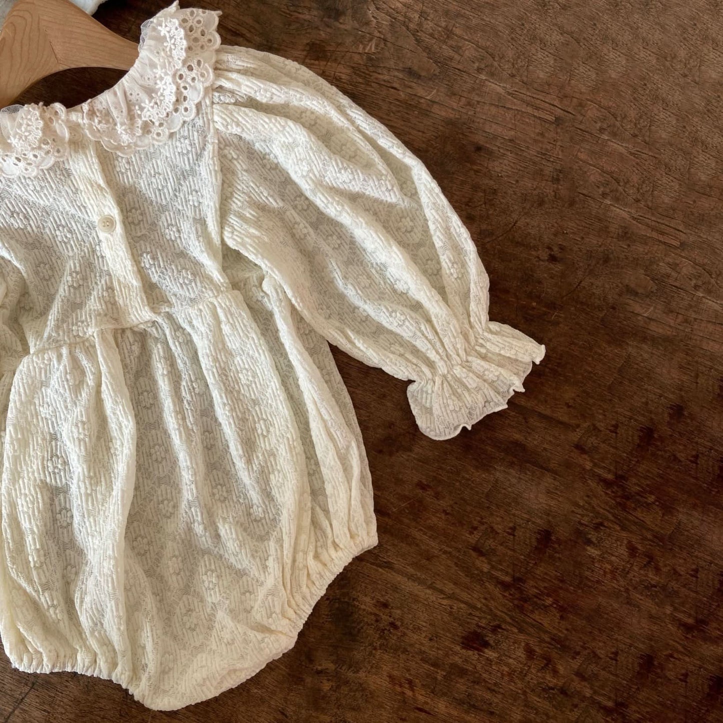 Baby Ann Lace Collar Puff Long Sleeve Romper (6 - 18m) - Cream kids outfit