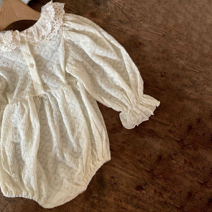 Baby Ann Lace Collar Puff Long Sleeve Romper (6 - 18m) - Cream kids outfit