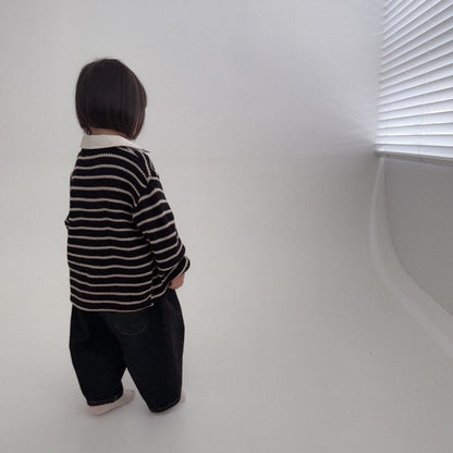 Baby Bella F25 Stripe Collared Knit Long Sleeve Top (6m - 3y) - Black kids outfit