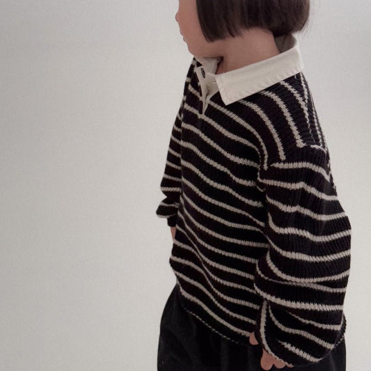Baby Bella F25 Stripe Collared Knit Long Sleeve Top (6m - 3y) - Black kids outfit