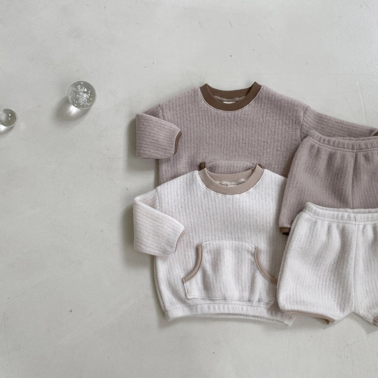 Baby BH Kangaroo Pocket Fleece Top and Shorts Set (3 - 18m) - Beige kids outfit