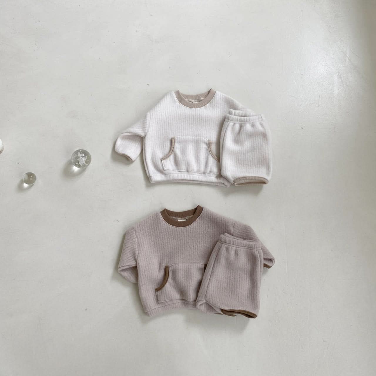 Baby BH Kangaroo Pocket Fleece Top and Shorts Set (3 - 18m) - Beige kids outfit