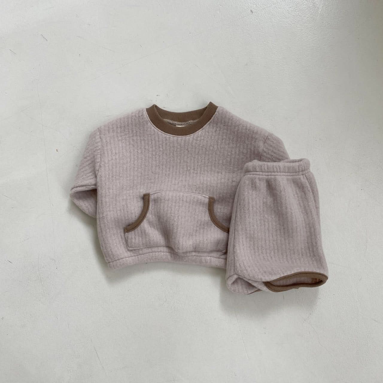 Baby BH Kangaroo Pocket Fleece Top and Shorts Set (3 - 18m) - Beige kids outfit