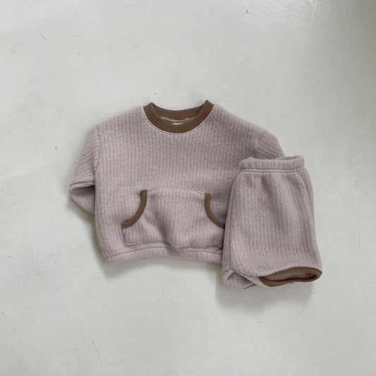 Baby BH Kangaroo Pocket Fleece Top and Shorts Set (3 - 18m) - Beige kids outfit