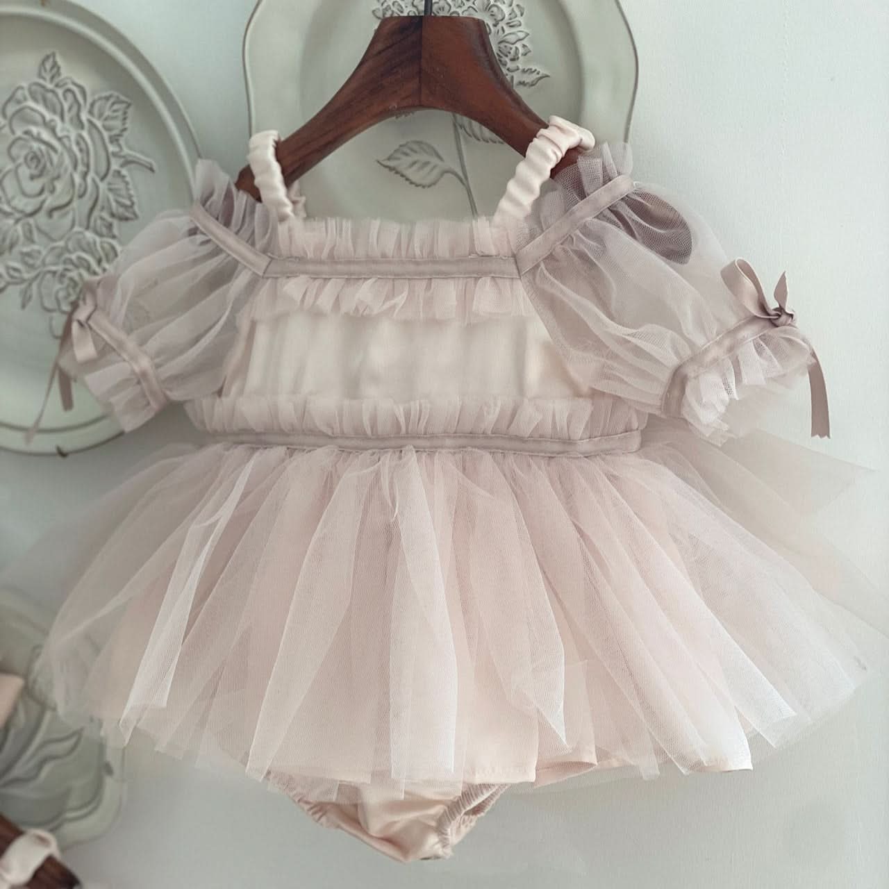 Baby Bow Detail Cold - Shoulder Tutu Dress Romper (3 - 23m) - Pink kids outfit