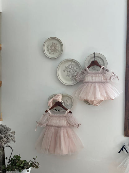 Baby Bow Detail Cold - Shoulder Tutu Dress Romper (3 - 23m) - Pink kids outfit