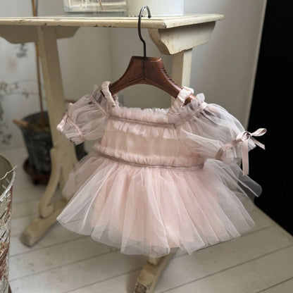 Baby Bow Detail Cold - Shoulder Tutu Dress Romper (3 - 23m) - Pink kids outfit