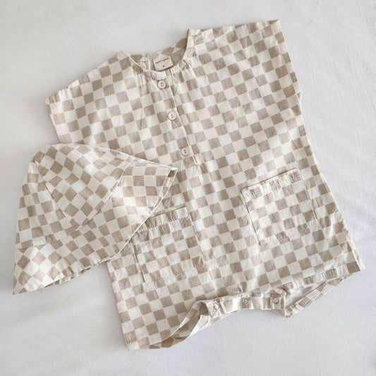 Baby Checkered Sleeveless Jumpsuit and Bucket Hat Set (13 - 36m) kids outfit