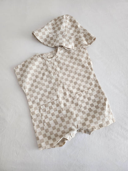 Baby Checkered Sleeveless Jumpsuit and Bucket Hat Set (13 - 36m) kids outfit