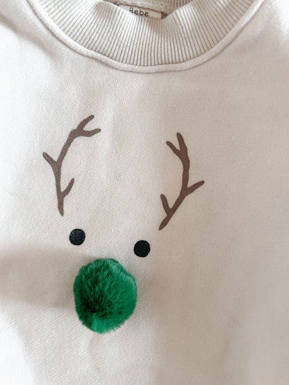 Baby Fleece - Lined Reindeer Sweatshirt Romper and Bonnet Set (12 - 18m) - Green kids outfit