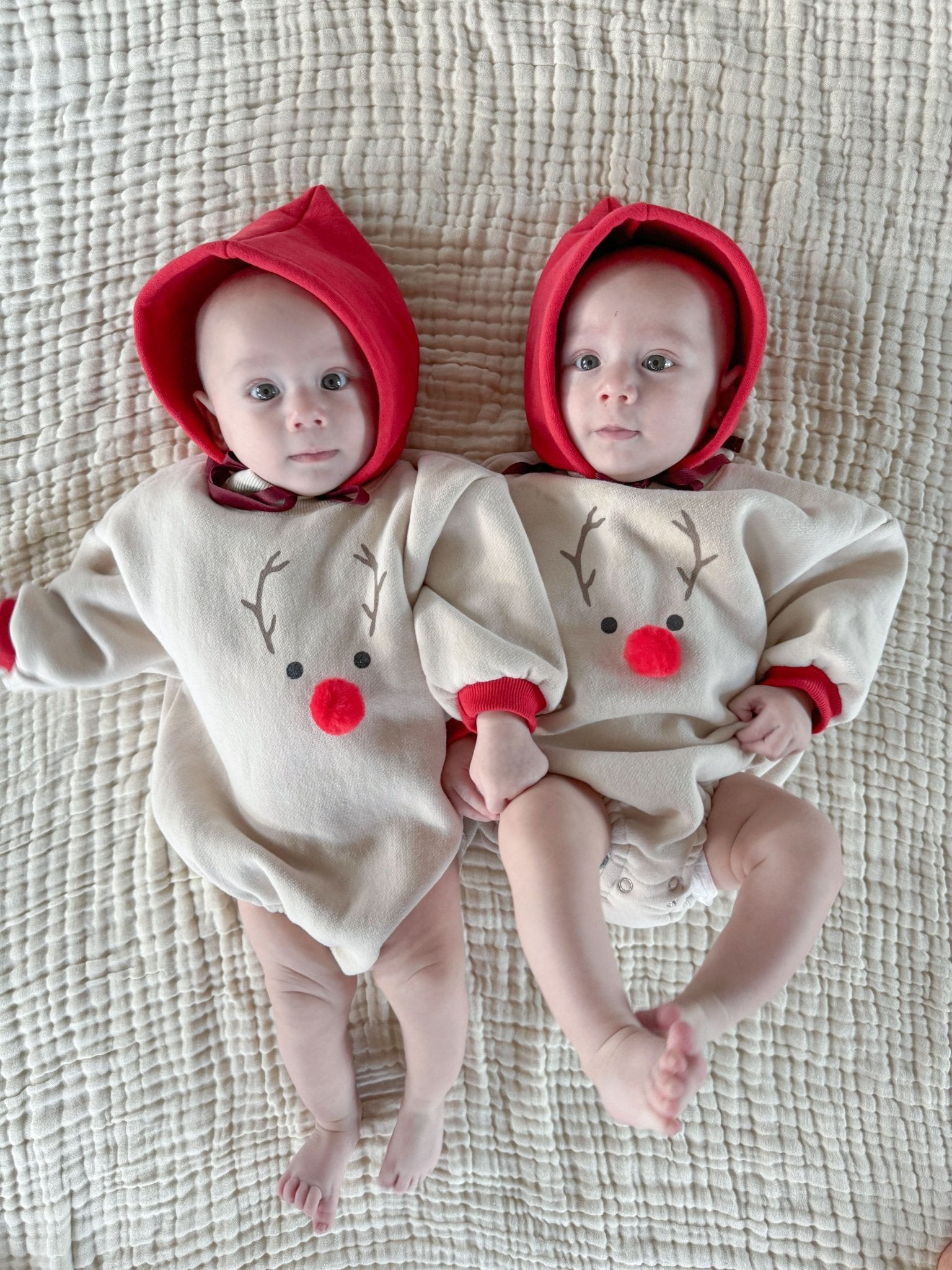 Baby Fleece - Lined Reindeer Sweatshirt Romper and Bonnet Set (12 - 18m) - Green kids outfit