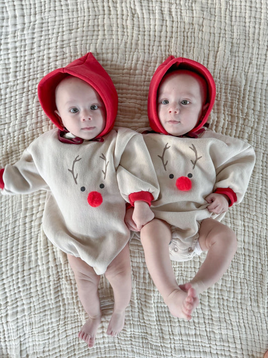 Baby Fleece - Lined Reindeer Sweatshirt Romper and Bonnet Set (12 - 18m) - Green kids outfit