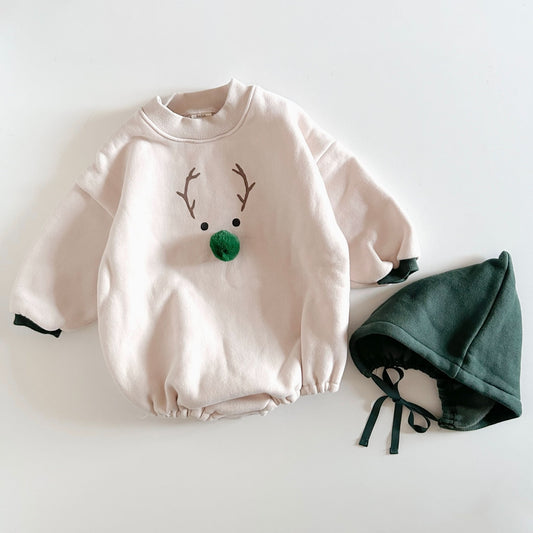 Baby Fleece - Lined Reindeer Sweatshirt Romper and Bonnet Set (12 - 18m) - Green kids outfit