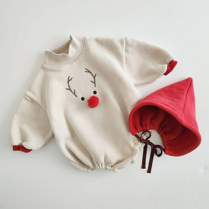 Baby Fleece - Lined Reindeer Sweatshirt Romper and Bonnet Set (3 - 18m) - Red kids outfit