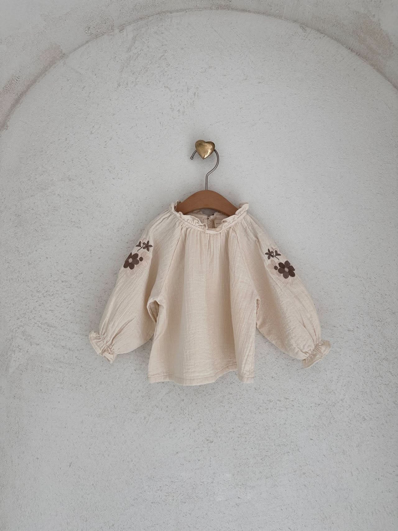 Baby Flower Embroidery Sleeve Bubble Blouse Top (3 - 18m) - 2 Colors kids outfit