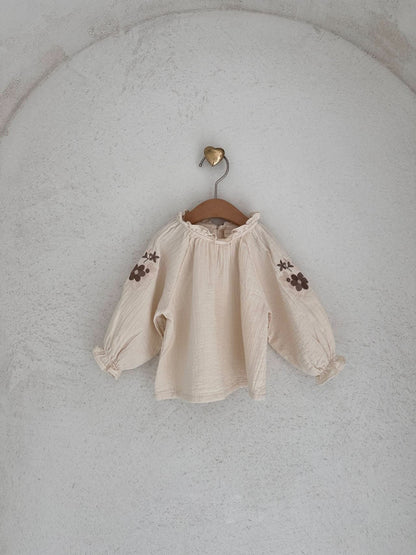 Baby Flower Embroidery Sleeve Bubble Blouse Top (3 - 18m) - 2 Colors kids outfit