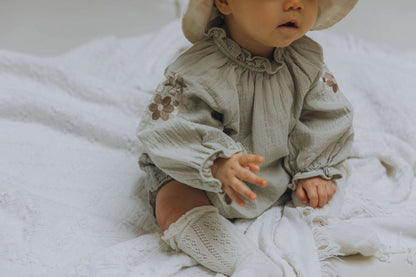 Baby Flower Embroidery Sleeve Bubble Blouse Top (3 - 18m) - 2 Colors kids outfit