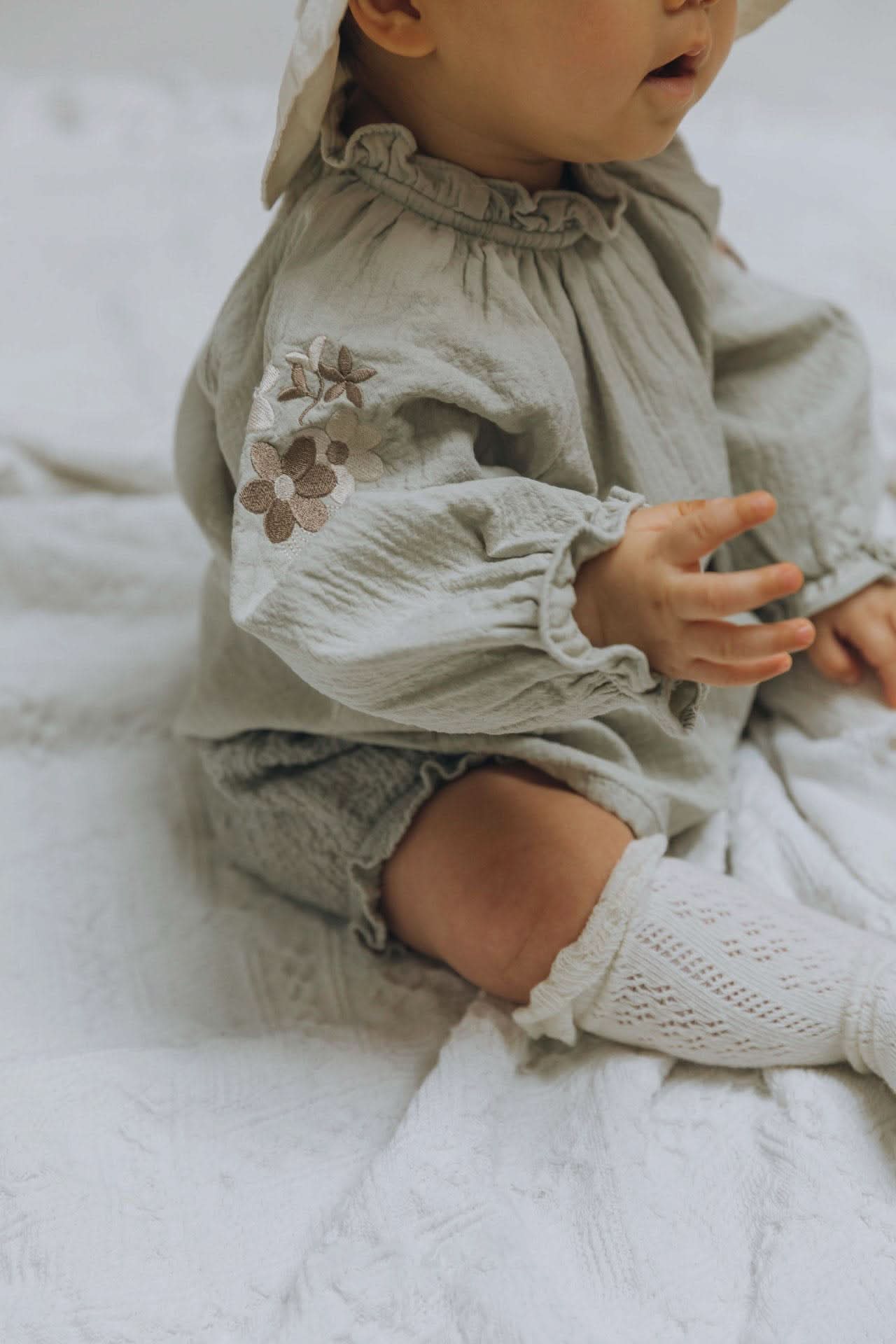 Baby Flower Embroidery Sleeve Bubble Blouse Top (3 - 18m) - 2 Colors kids outfit