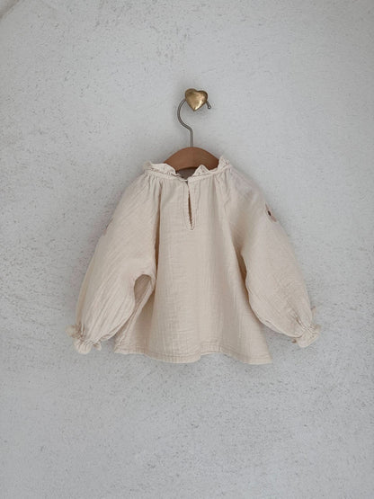 Baby Flower Embroidery Sleeve Bubble Blouse Top (3 - 18m) - 2 Colors kids outfit