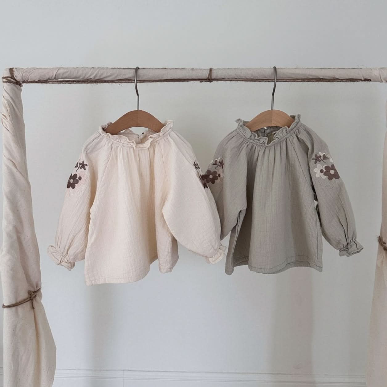 Baby Flower Embroidery Sleeve Bubble Blouse Top (3 - 18m) - 2 Colors kids outfit