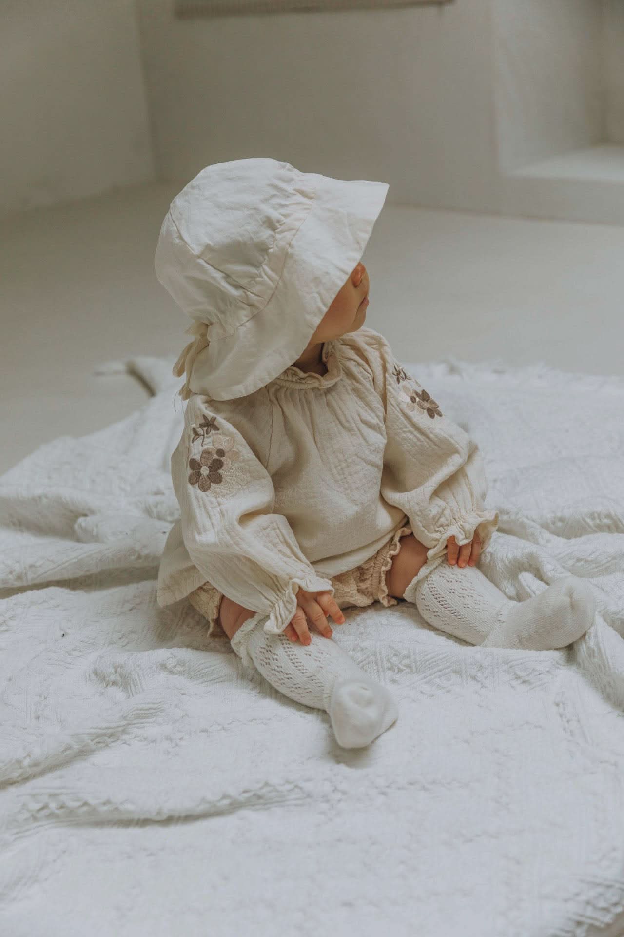 Baby Flower Embroidery Sleeve Bubble Blouse Top (3 - 18m) - 2 Colors kids outfit