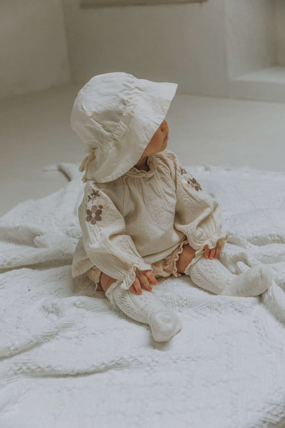 Baby Flower Embroidery Sleeve Bubble Blouse Top (3 - 18m) - 2 Colors kids outfit