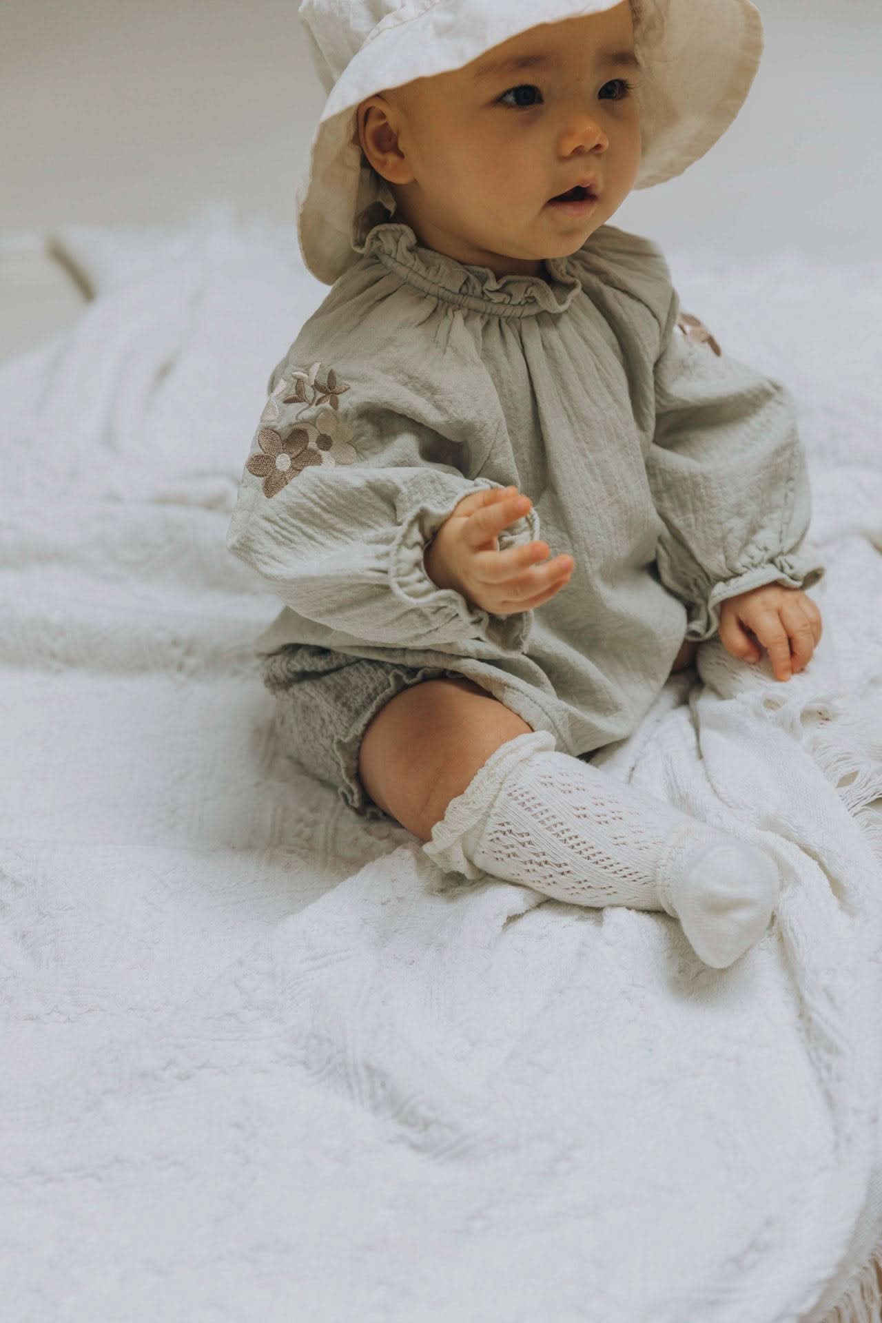 Baby Flower Embroidery Sleeve Bubble Blouse Top (3 - 18m) - 2 Colors kids outfit