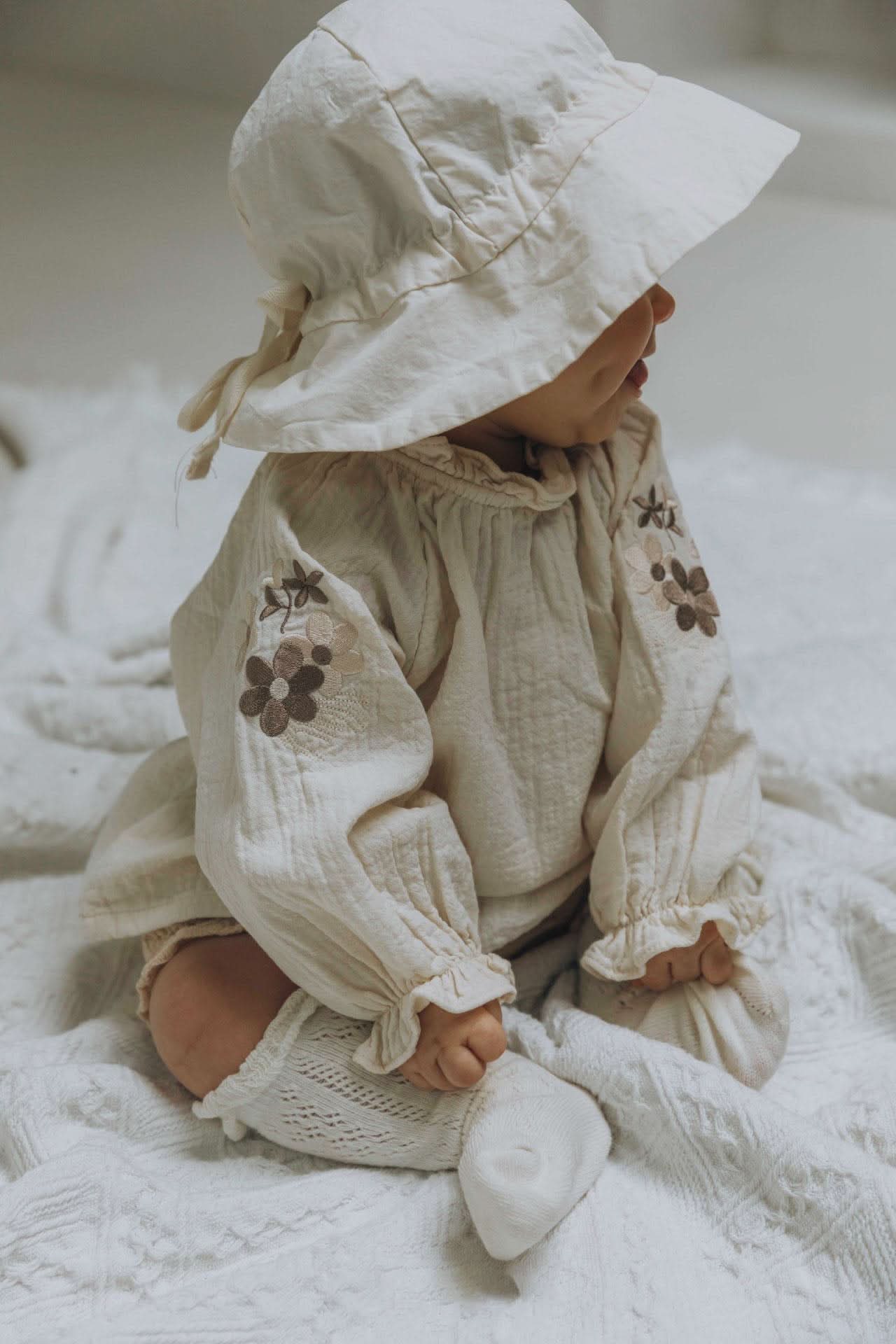 Baby Flower Embroidery Sleeve Bubble Blouse Top (3 - 18m) - 2 Colors kids outfit