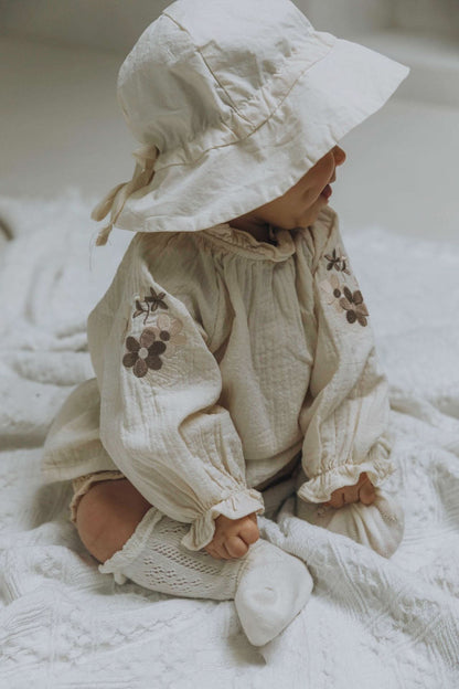 Baby Flower Embroidery Sleeve Bubble Blouse Top (3 - 18m) - 2 Colors kids outfit
