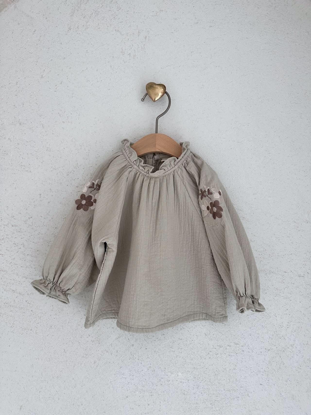 Baby Flower Embroidery Sleeve Bubble Blouse Top (3 - 18m) - 2 Colors kids outfit
