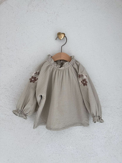 Baby Flower Embroidery Sleeve Bubble Blouse Top (3 - 18m) - 2 Colors kids outfit