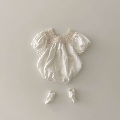 Baby Lace Square Neck Linen Romper (3 - 18m) - 2 Colors kids outfit
