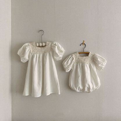 Baby Lace Square Neck Linen Romper (3 - 18m) - 2 Colors kids outfit
