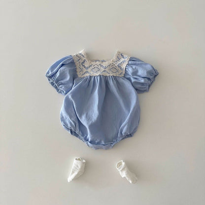 Baby Lace Square Neck Linen Romper (3 - 18m) - 2 Colors kids outfit