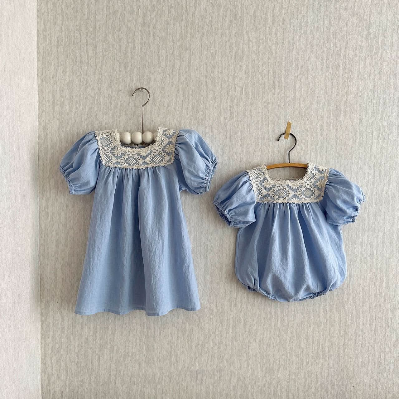 Baby Lace Square Neck Linen Romper (3 - 18m) - 2 Colors kids outfit